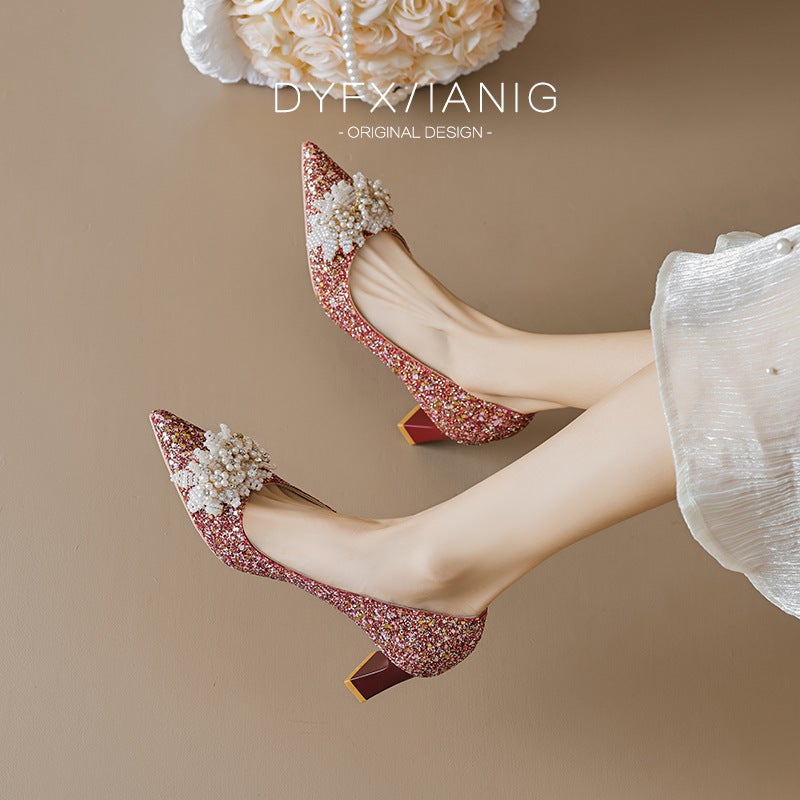 Red Bride Shoes Autumn New Fashion Show Heeled Wedding Shoes Temperament Pointed Shallow Not Tired Feet Small Thick Heeled - Image 5